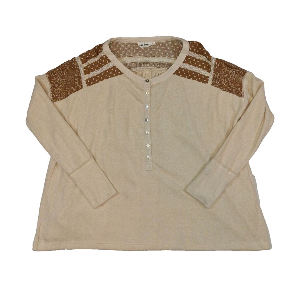 In Loom Women Boho Henley Top Sz Small Beige Lace Patchwork Long Sleeve Pullover